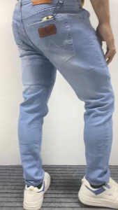 Mens Stretch Korean Fashion skinny Fit Small Foot Tight Baggy Jeans For Men Elastic Waist Denim Pants light blue