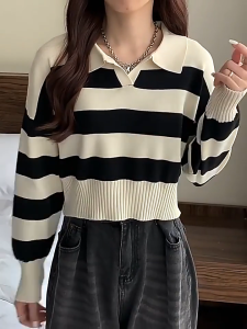 ZANZEN Stripe Knitted Sweater Women Knitwear Long Sleeve Korean Style V-neck Shirt
