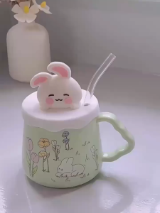 Cốc Uống Nước Ly Cốc Sứ Hình Thỏ Dễ Thương Cao Cấp Kèm Hộp Quà Tặng Nắp Ống Hút