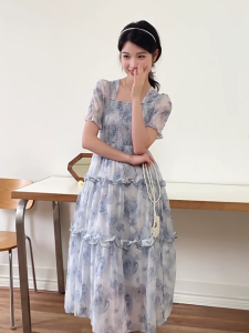summer french blue floral long dress for woman beach cocktail dress for party women elegant casual