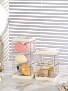 Transparent Rotating Multi-Layer Beauty Egg Powder Puff and Data Cable Storage Box Breathable Dustproof Waterproof Hairpin Necklace Earring Bracelet Jewelry Box Headphone Organizer Winding Device Cable Collection Box