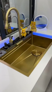 Kitchen Sink 304 Stainless Steel Digital Display Handmade Waterfall Large Single Slot Gold Lababo Kitchen Sink