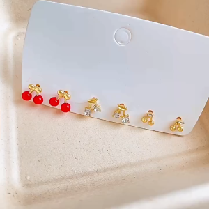 Good 999 3 Pairs of 18k Gold Cute Red Cherry Delicate Zircon Earrings ES63655