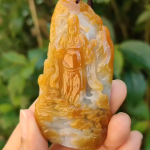 Premium Quality Yellow Natural Type A Jadeite pendant with fortune god mountain and trees symbolize the blessing of good fortune eternal strength and continuous growth certificate weigh 77.61 g 76.10 * 39 * 19.30 mm symbol of prosperity (pendant81)