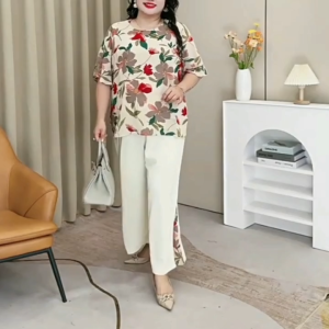 【Set】Plus Size Suit Women Casual Floral Printed Short-sleeved Blouse + Pants Two Piece Suits