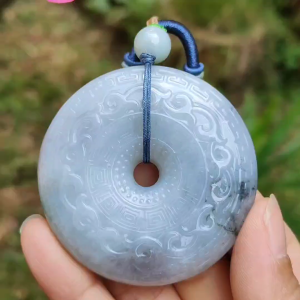 Hugh Natural Type A Jadeite Pendant Crafted as Dounut with beautiful archaize style with floating green and some wuji with Purple Hue QIC Labs approved cert weigh 71.13 grams 54.3 * 54.3 * 12.2 mm symbols of Everything is going well (pendant64)