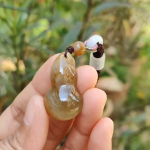 Premium Semi Icy Yellow Natural Type A Jadeite Pendant Necklace crafted as a gourd symbols of Happiness wealth longevity with certificate weigh 9.16 grams 32.6 * 18.7 * 10.3 mm suitable for daily wear or collection purpose