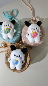 Girls Shoulder Straw Bag Hand-Woven Cute Dog Crossbody Bag Round Women Beach Rattan Bag Girl’s Gift