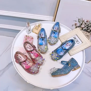 Putri Cantik Sepatu Pesta Anak Perempuan Frozen Elsa Hak tinggi anak perempuan + Kemasan kotak sepatu Karet Fashion