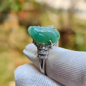 Green Natural Type A Jadeite Jade crafted with Pixiu set on adjustable S925 as a Ring with certificate weigh 2.6 grams measurement 12.2 * 7 * 4.9 (s925ring9)