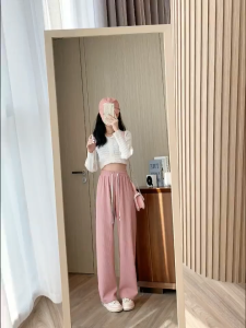 กางเกงขากว้าง กางเกงขายาว มีเชือกผูก เอวยางยืด นิ่ม ฟรีไซส์ ตัวผ้านิ่มใส่สบาย สไตล์เกาหลี  ทรงดูผอมสูง K9231