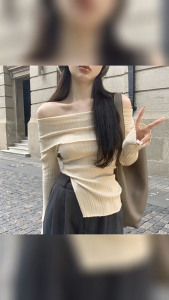 【COD&Local】Women Long Sleeve Knit Tops Casual Solid Color Off-shoulder Split Shirt for Club Streetwear