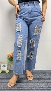 hole light Blue High Waist Denim Trousers Ladies Casual Wide Leg Pants High Quality Elegant Straight