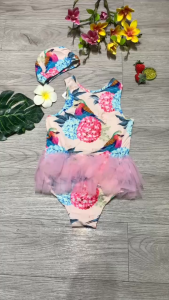 Đồ bơi bé gái bodysuit kèm mũ 1 mảnh áo dây chân váy voan size từ 10kg đến 24kg chất liệu thun lạnh BINSPORTS BB090