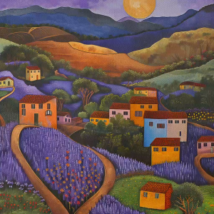 Tranh phong cảnh cánh đồng hoa lavender quê hương đêm bình yên trong ngôi làng nhỏ tranh treo tường dán tường.CGI-824