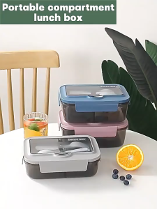 Bento Box Double Compartment Student Lunch Box Transparent Microwave Oven Heating Office Worker Plastic Box Eco-Friendly Food Grade Plastic Kids School Office Bento Lunch Box with Tableware