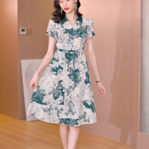 FRAN New Short Sleeved A-line Shirt Dress for Women Casual Slim Fit Mid Length Dress