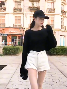 quần short kaki nữ co giãn 1 nút tua rua viền lưng cao