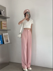 [S-4XL] Plus Ukuran Lebar Pinggang Tinggi Kaki Celana untuk Wanita MAX 100Kg Gaya Baru Korea Lurus Celana kasual Celana Semua Musim