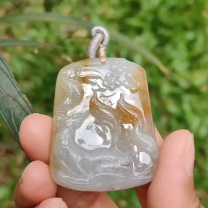 Yellow and White Semi Icy Natural Type A Jadeite Pendant Necklace crafted with nine tail fox symbols of Love Charisma and Good Luck QIC Labs approved certificate included weigh 32.9 grams 44 * 36 * 9 mm suitable for daily wear