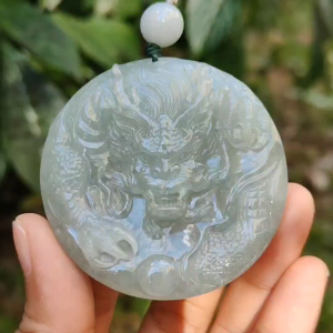 Premium Full Light Green Natural Type A Jadeite Jade Pendant Necklace crafted with Dragon with good glossy shines certificate included weigh 77.81 grams 55.5 * 55.5 * 13.8 mm (pendant169)