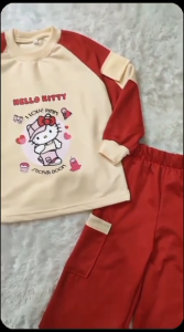 Setelan Anak Perempuan Hello Kitty Celana Cargo Usia 3-12 tahun bahan baby terry