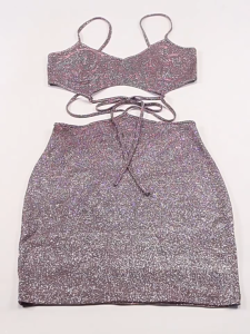 2-3 days delivery Womens Summer Fitted Cocktail Dress Sleeveless Backless Glitter Hollow Tie Up Party Dress