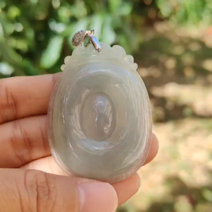 Good Quality Light Green Hue Icy Natural Type A Jadeite Jade crafted with Fobe as pendant meaning Good luck happiness wealth and honor certificate weigh 19.03 grams measurement 50.2 * 36.3 * 6.2 mm (pendant234)