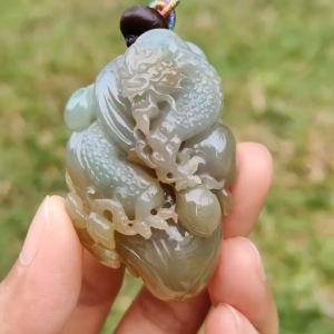 Reddish Yellow and Green Natural Type A Jadeite Jade Pendant Necklace Crafted with Dragon and Ruyi with certificate weigh 40.57 grams measurement 53.6 * 34.8 * 15 mm symbols of Good luck happiness and health (pendant189)