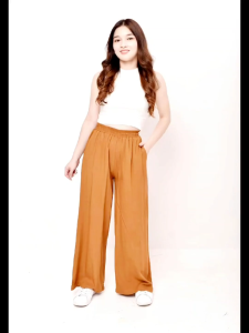 mona BEST SELLER  Plain Color  High Waist  Textured Trousers   Pants   - fits XS to 2XL - good quality - made of imported fabric - color: black white tan brown khaki blue green maroon skin tone khaki brown  Size: xs small medium large xl 2xl