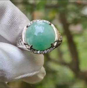 Apple Green Natural Jadeite Jade Cabochon 13.9 * 14.2 * 6.2 mm set on S925 as a Ring for Men with QIC labs approved certificate weigh 7.03 grams (s925ring5)