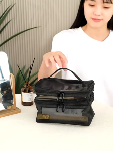 Túi Đựng Mỹ Phẩm 2 Tầng Thiết Kế Đơn Giản Tiện Dụng Túi Lưới Thoáng Khí Để Mỹ Phẩm Có Quai Xách