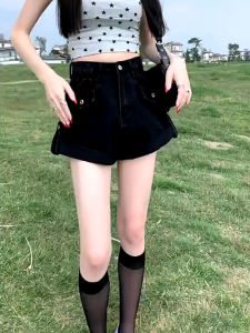 【GHAOHES】【พร้อมส่ง】กางเกงยีนส์ขาสั้น สีดำ ไซส์ S-5XL พับขา เอวสูงดูผอมเพรียว ขากว้าทรงเอ