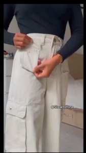 SLASEN - Celana Wanita Jeans Cargo Highways || varian Putih tulang Cream Model Terbaru 2025