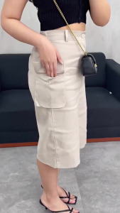 Rok Cargo Wanita 7/8 Highwaist Drill Karet Belakang Skirt Belah Kargo Midi Korean Style