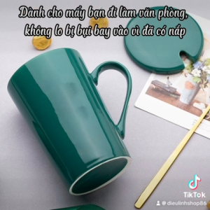Ly sứ màu xanh 450ml cốc uống nước có nắp đậy phù hợp quà tặng decor ly sứ uống cafe ly sứ xanh có quai cầm nắp muỗng  uống nước Tramanhshop