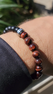 Red Tiger Eye & Frost Black Stone Bracelet with Stainless Steel Finish