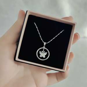 SO SEOUL Caria Butterfly in Circle Diamond Simulant Zirconia Pendant Chain Necklace