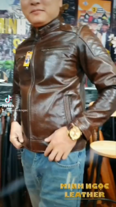 Áo khoác nam da bò thật Beckham biker màu nâu màu đen cổ trụ chần vai chần tay bảo hành 10 năm Áo khoác da thật nam Minh Ngọc Leather Jacket Menswear