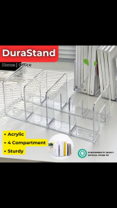 DuraStand Transparent Acrylic Bookshelf and Desk Organizer with 4 Compartments for Office Supplies Designer Bags Assignments Corporate Documents File Storage and Home Organization