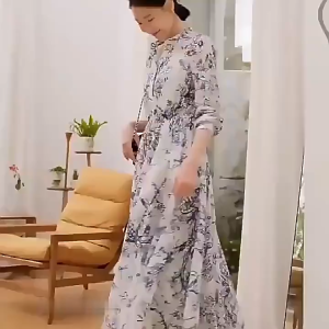 Dress French Blue And White Porcelain For Women Retro dress lengan panjang M654