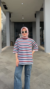 ATASAN BAJU KAOS SALUR WANITA DEWASA OVERSIZE KAOS STRIPE SALUR LENGAN PANJANG BAHAN COTTON ADEM