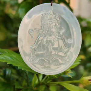 Very Rare High Translucent Icy Natural Type A Jadeite Pendant carved with Guanyin symbolizes compassion mercy healing protection purity enlightenment harmony balance and the feminine divine certificate weigh 19.62 g 52.8 * 46.6 * 5 mm (pendant78)