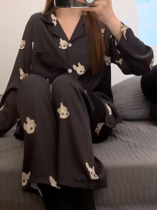 Bộ Đồ Ngủ Pijama Lụa Mềm Mại Áo Tay Dài Quần Dài Chất Vải Thoáng Mát