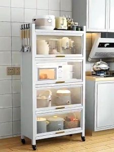 Rak Dapur Kabinet Microwave Oven Self Kitchen Cabinet Rack With Doors&Wheels Kitchen Organizer Storage Rack