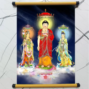 Tranh Tây Phương Tam Thánh Treo tường in trên vải lụa - Nẹp Nhựa Kích thước 20x30 cm - 30x40 cm