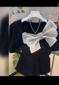 Phiên bản Hàn Quốc cổ áo vuông Bowknot tinh khiết bông T-Shirt 2023 mới tính khí ngọt ngào ôm vừa tất cả các trận đấu xu hướng hàng đầu