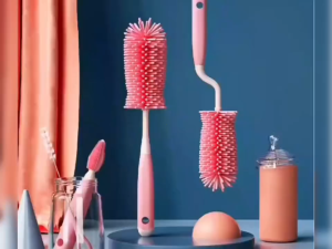 On Time👶แปรงหลอดจุกนมหลอกสำหรับเด็กสำหรับทำความสะอาดขวดทำจากซิลิโคนชุดเครื่องมือทำความสะอาดครัวล้าง 3 ชิ้น หมุนได้ 360 องศา ด้ามยาว