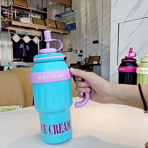 Mug Termos Tumbler Jumbo IceCream SUS 304 American Style Sedotan Stainless Tahan Panas&Dingin 1000ml AN