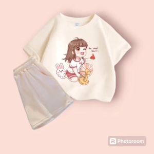 Set bộ quần áo cộc tay mùa hè chất vải cotton thoáng mát hình Cô Gái Thỏ và Quạt đơn giản dễ thương